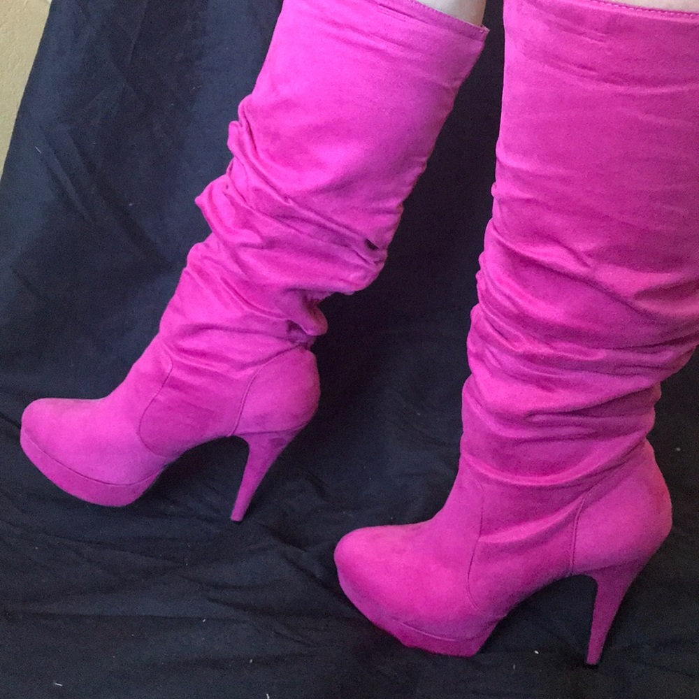 Hot pink suede platform high heel boots